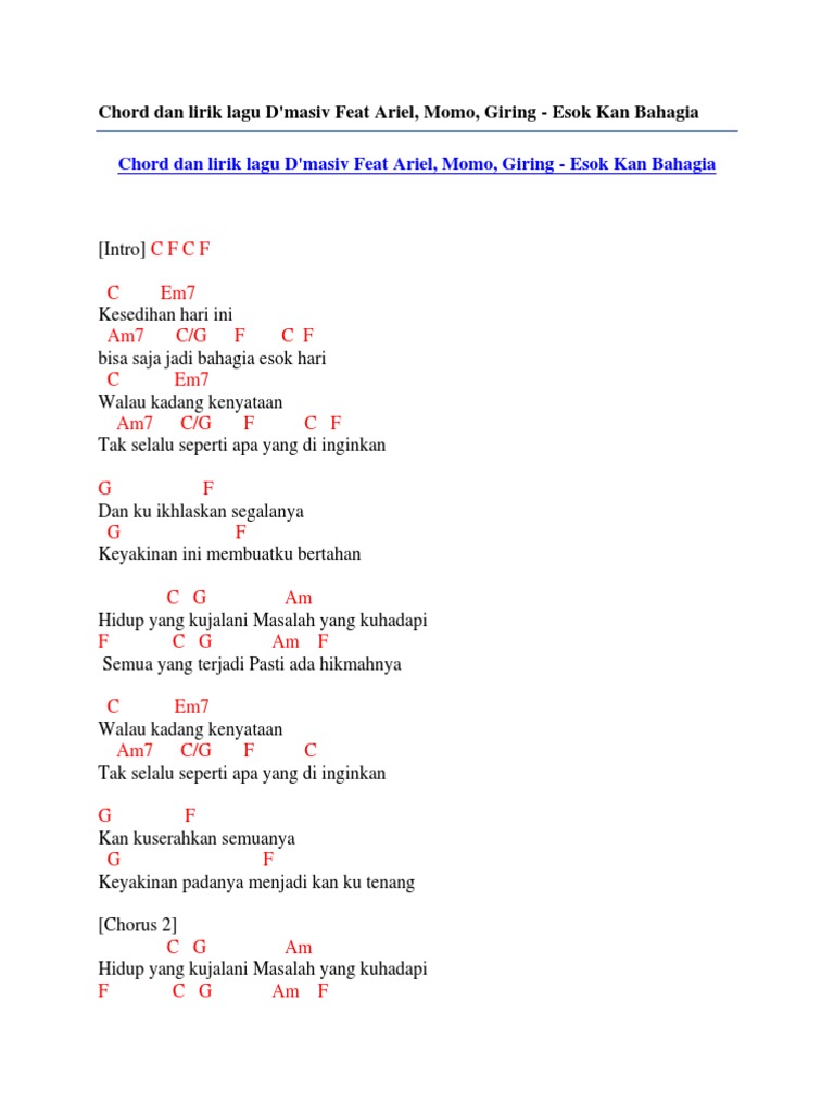 Chord Dan Lirik Lagu D Masiv Feat Ariel Momo Giring Esok Kan Bahagia Pdf