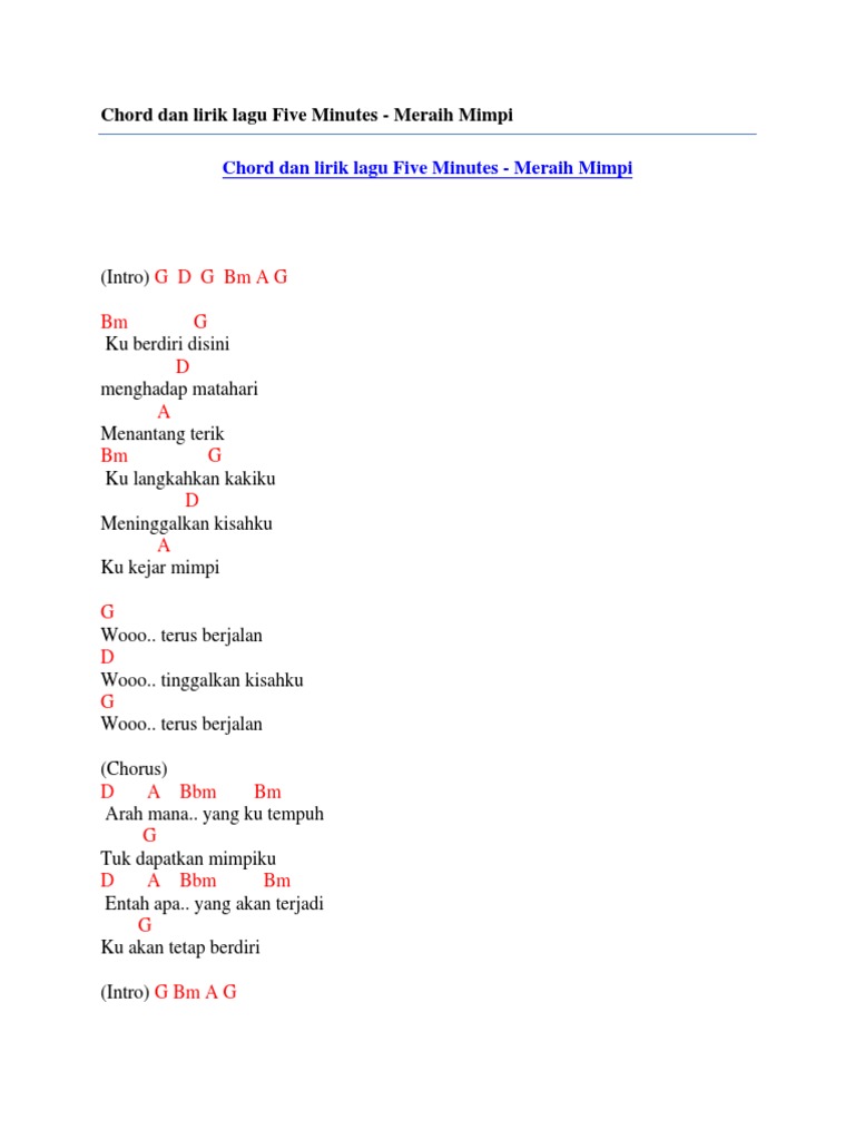 Chord Dan Lirik Lagu Five Minutes Meraih Mimpi