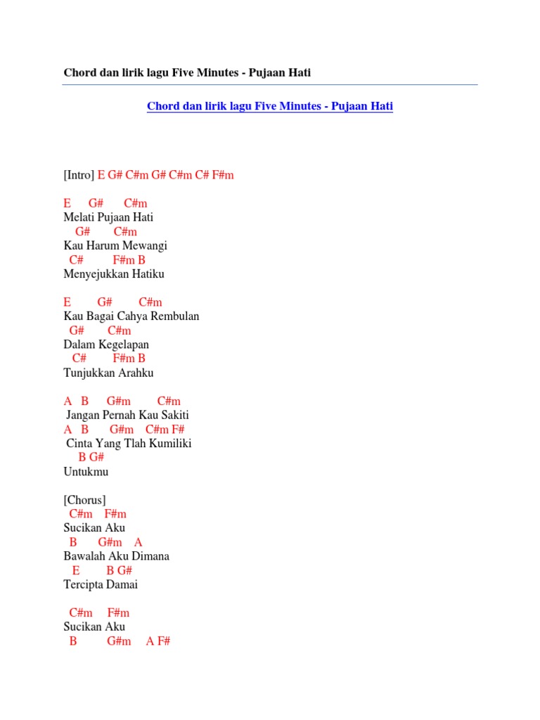 Chord Dan Lirik Lagu Five Minutes Pujaan Hati Pdf