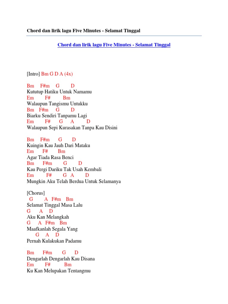Chord Dan Lirik Lagu Five Minutes Selamat Tinggal PDF