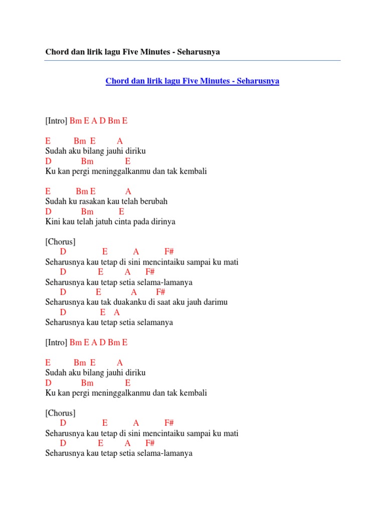Chord Dan Lirik Lagu Five Minutes Seharusnya