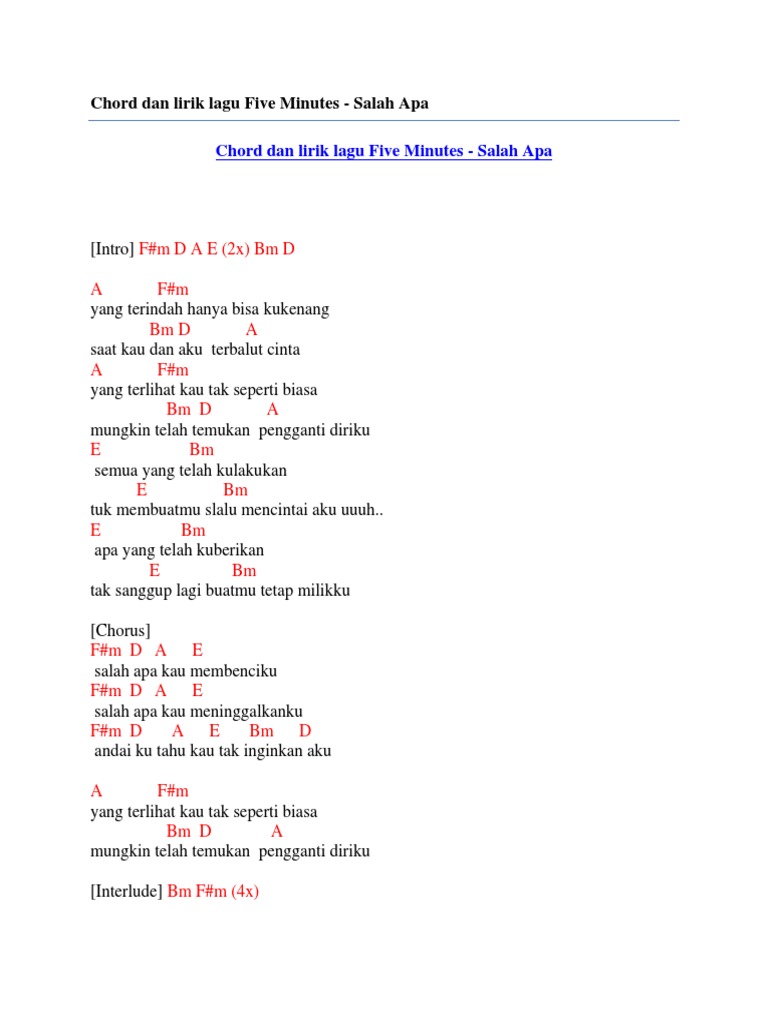 Chord Dan Lirik Lagu Five Minutes Salah Apa Pdf