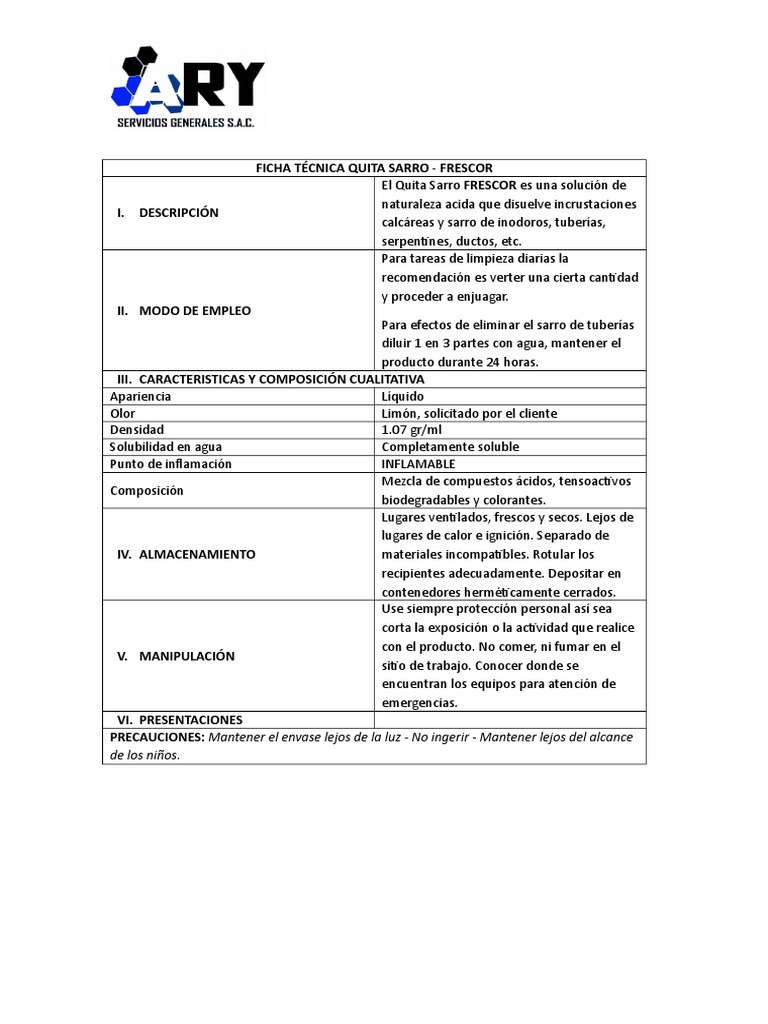 FICHAS TÉCNICAS PRODUCTOS DE LIMPIEZA Solubility Water