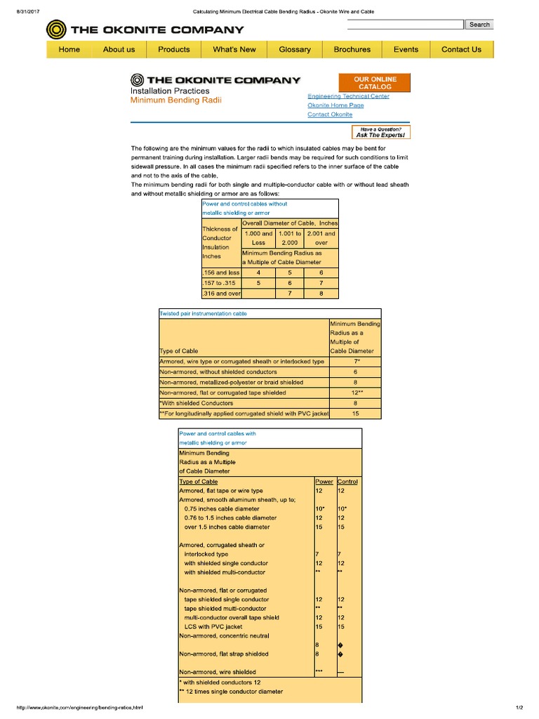 Calculating Minimum Electrical Cable Bending Radius Okonite Wire and