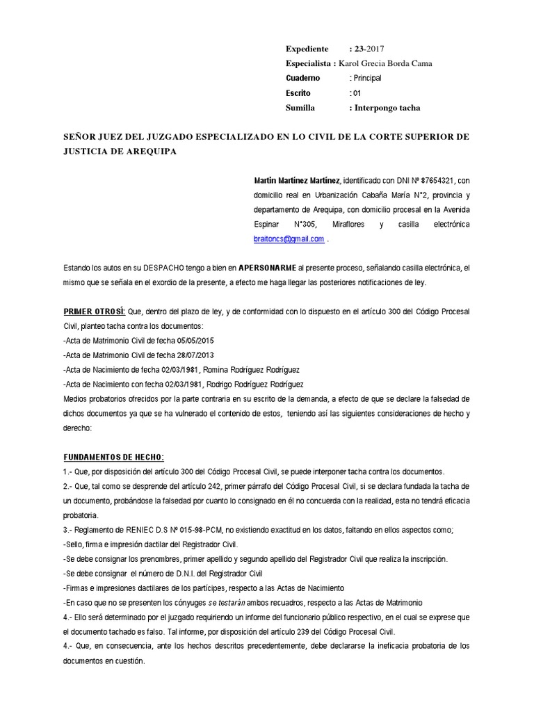Escrito de Tacha | PDF | Evidencia (ley) | Ley procesal