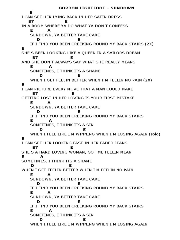 i can see her lying back in her satin dress Sundown Lyrics by Gordon Lightfoot