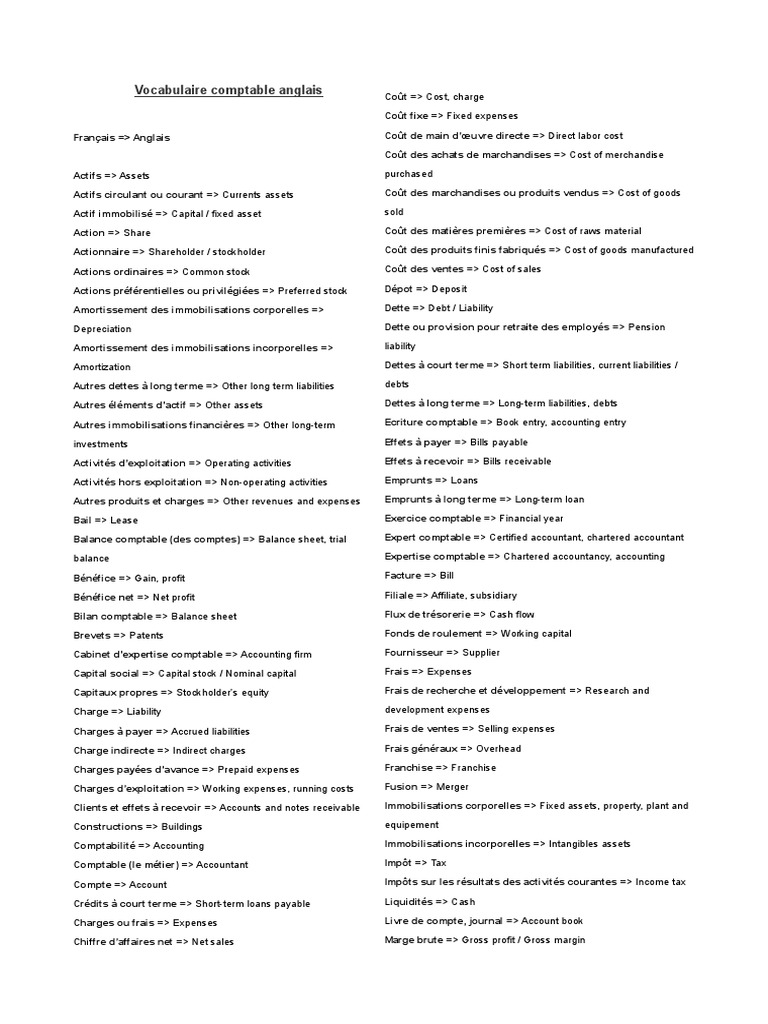Vocabulaire Comptable Anglais Capitaux Propres Comptabilite