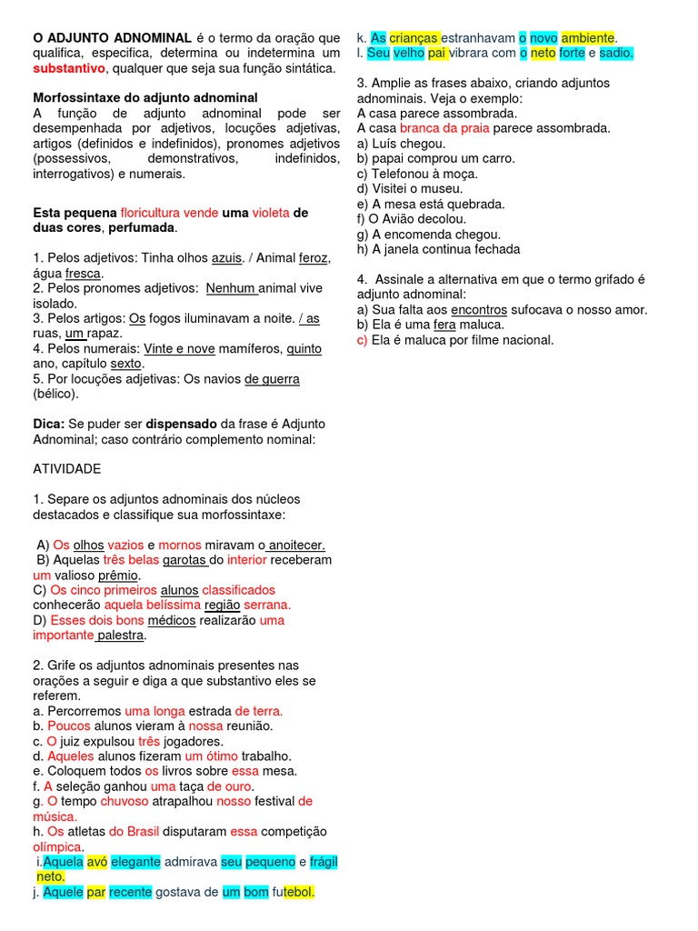 Adjunto Adnominal | PDF | Pronome | Gramática