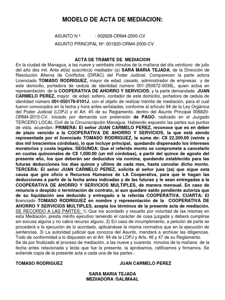 Modelo De Acta De Mediacion Docx Mediacion Gobierno