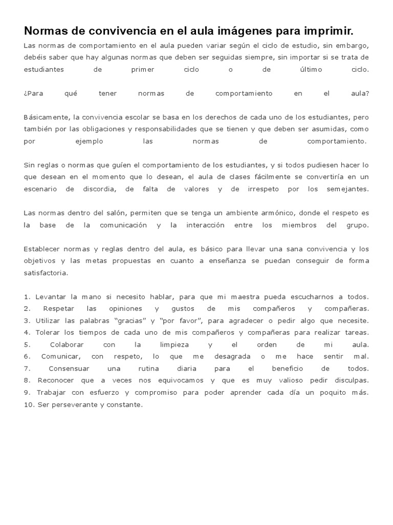 Normas de Convivencia en El Aula Imágenes para Imprimir | PDF | Salón ...
