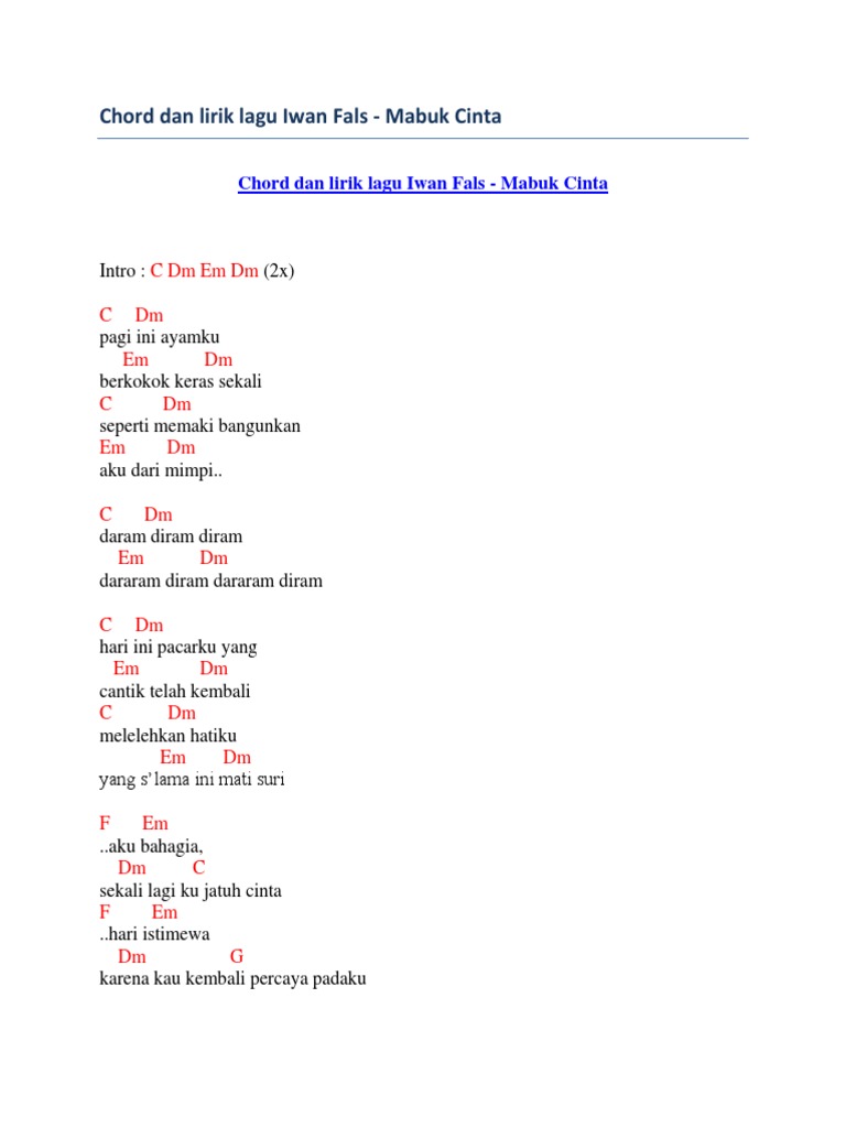 Chord Dan Lirik Lagu Iwan Fals Mabuk Cinta Pdf
