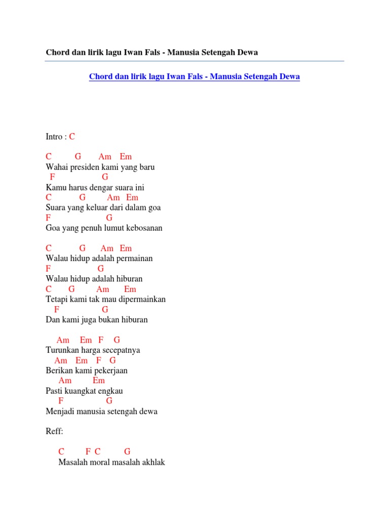Chord Dan Lirik Lagu Iwan Fals Manusia Setengah Dewa