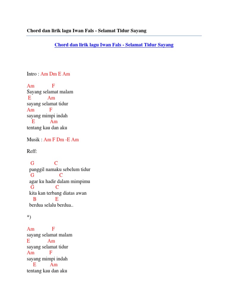Chord Dan Lirik Lagu Iwan Fals Selamat Tidur Sayang Pdf