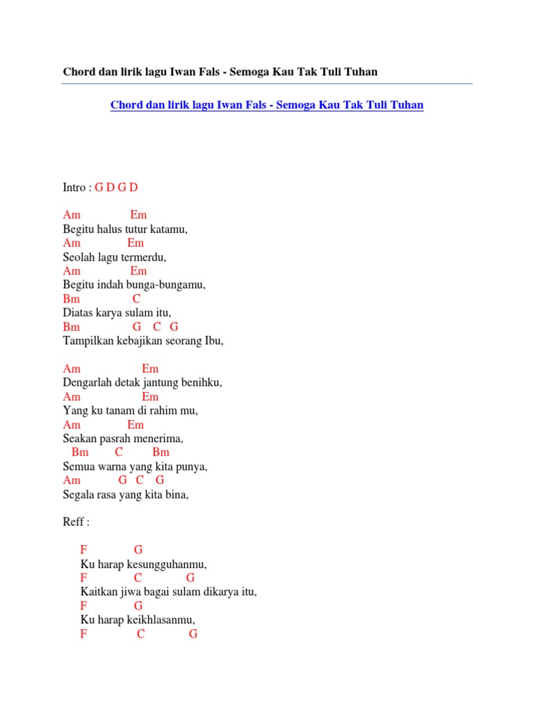 Chord Dan Lirik Lagu Iwan Fals Semoga Kau Tak Tuli Tuhan Pdf