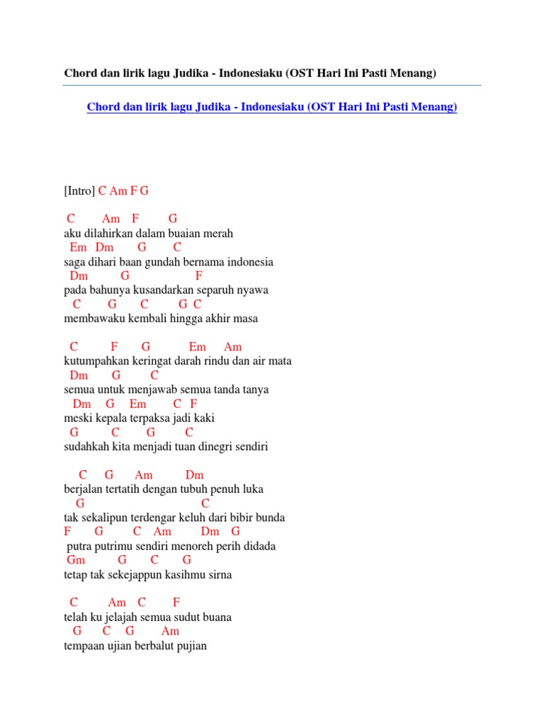 Chord Dan Lirik Lagu Judika Indonesiaku Ost Hari Ini Pasti Menang Pdf