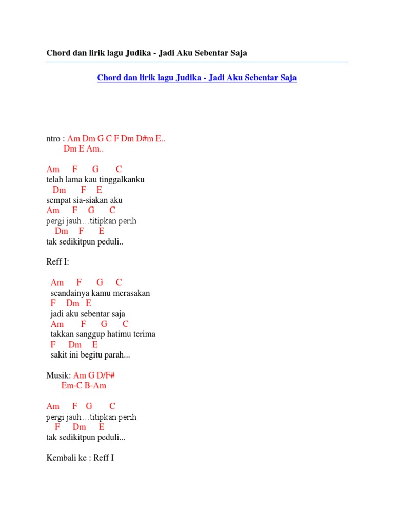 Chord Dan Lirik Lagu Judika Jadi Aku Sebentar Saja PDF