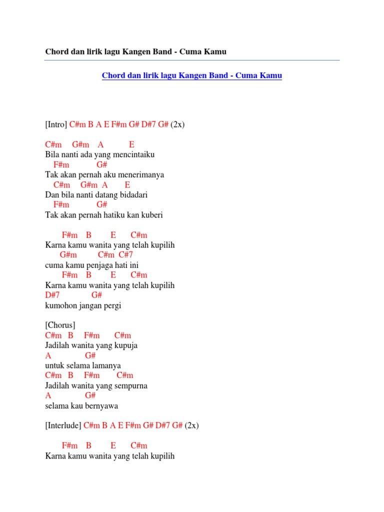 Chord Dan Lirik Lagu Kangen Band Cuma Kamu