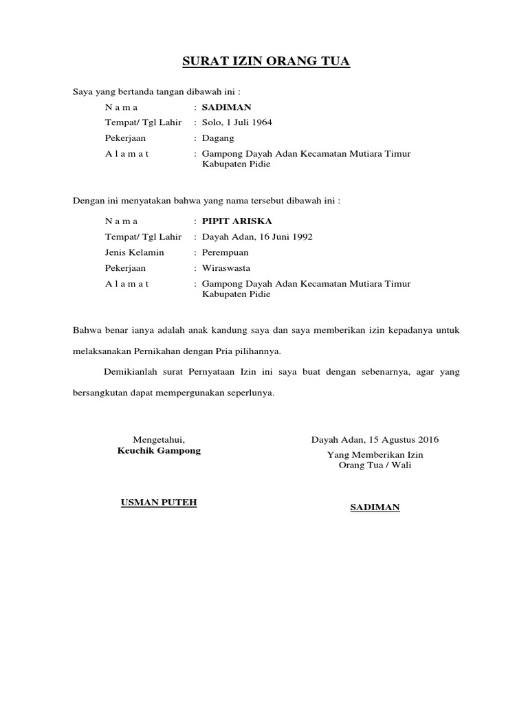 Surat Pernyataan Orang Tua Untuk Menikah