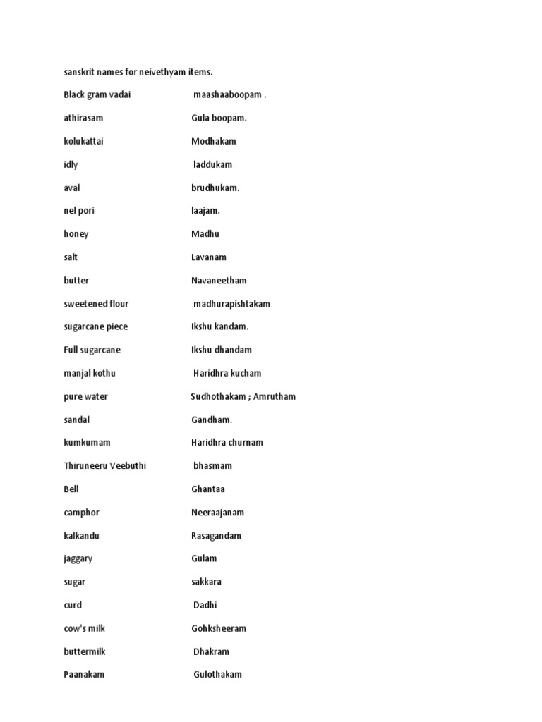 Sanskrit Names For Neivethyam Items | Asian Cuisine | Regional & Ethnic