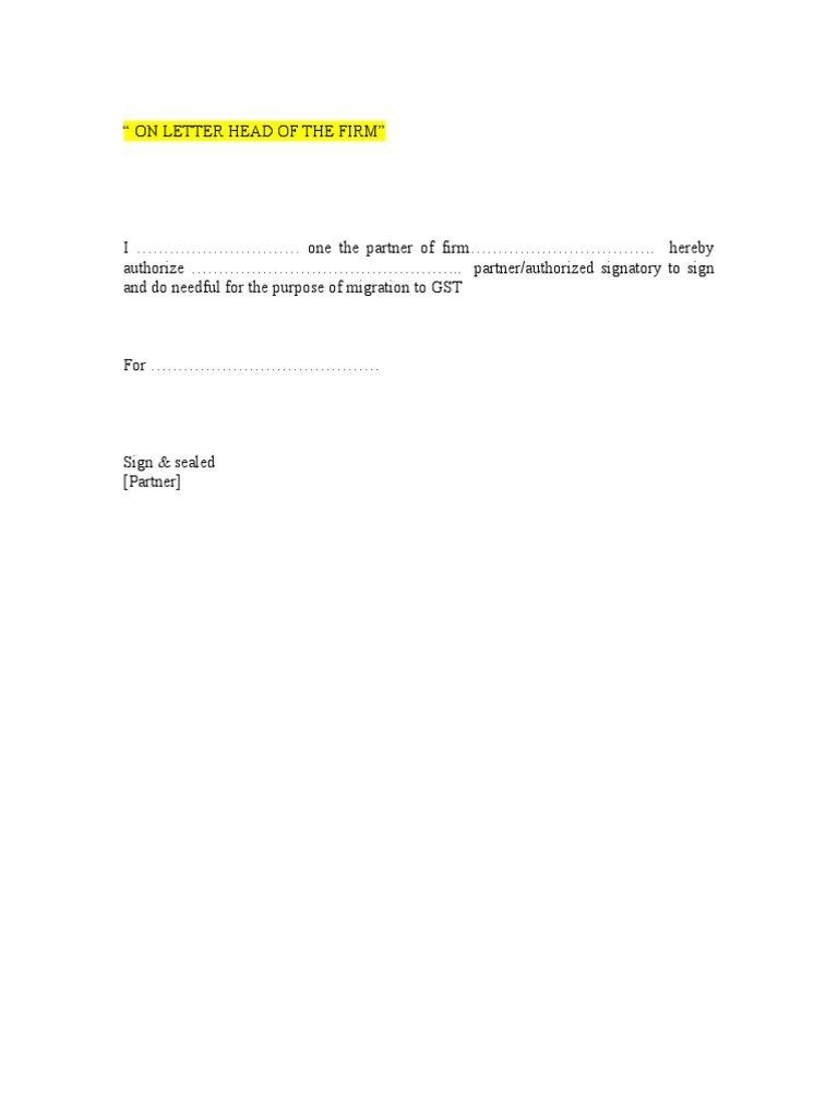 GST Authorization Letter for Partnership | PDF | Finance & Money ...