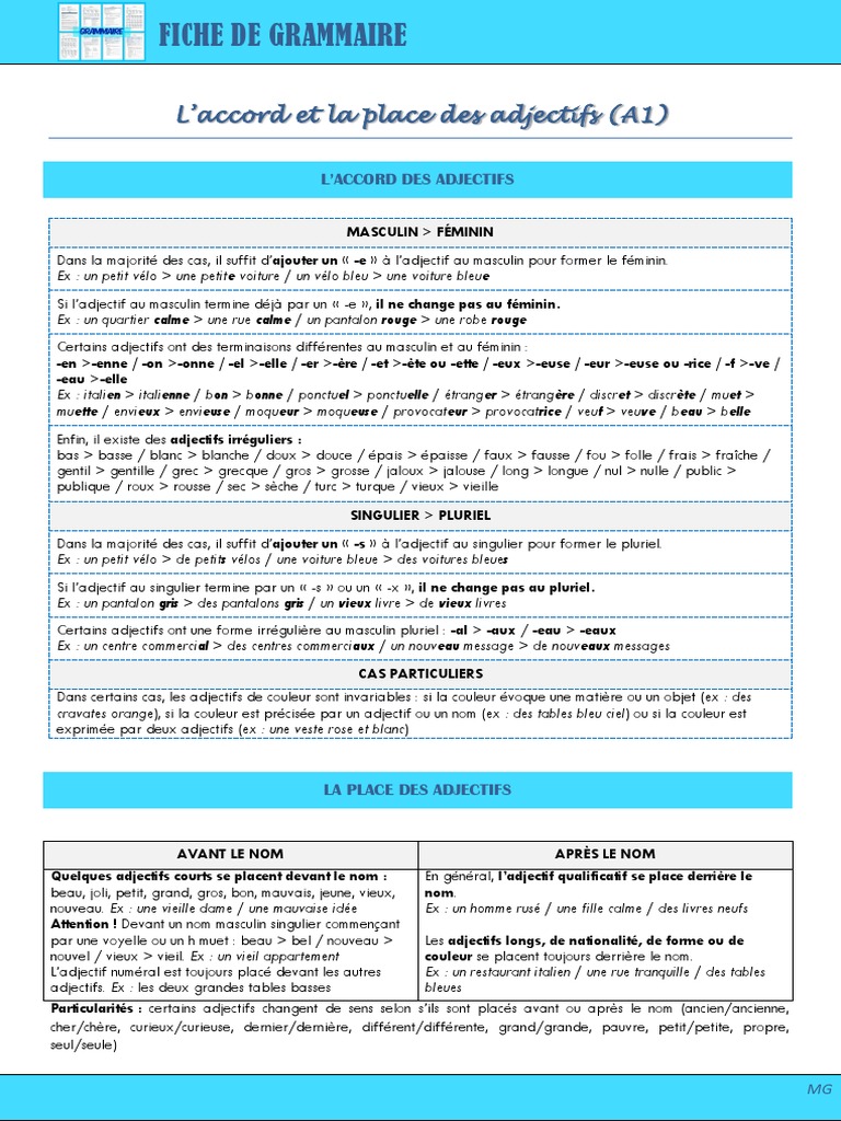 L accord De L adjectif Qualificatif Exercices Pdf Cm1 A1 Grammaire Accord Et Place Des Adjectifs | PDF | Genre grammatical |  Nombre grammatical