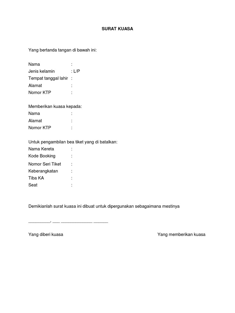 Surat Pernyataan Pembatalan Tiket Kereta Api Contoh
