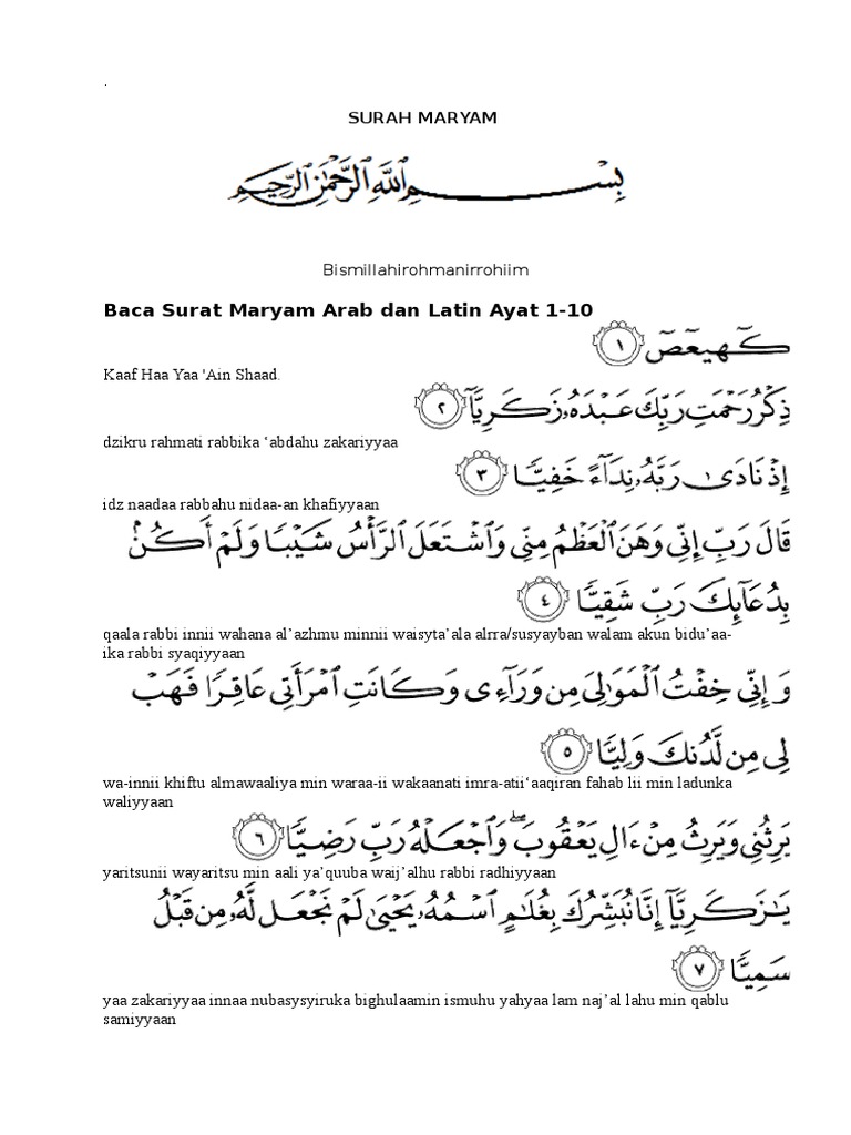 Baca Surat Maryam Arab Dan Latin Ayat 1 10