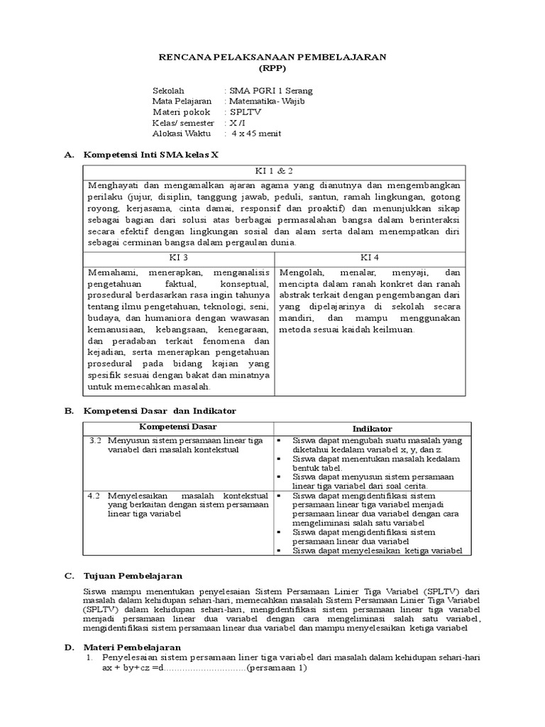 Rpp 2 Sistem Persamaan Linier 3 Variabel