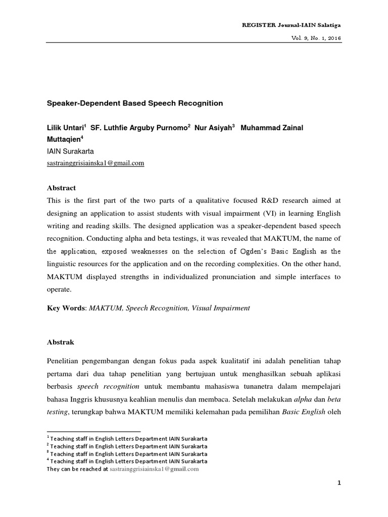 Register Journal Vol 9 No 1 June 2016 Speech Recognition