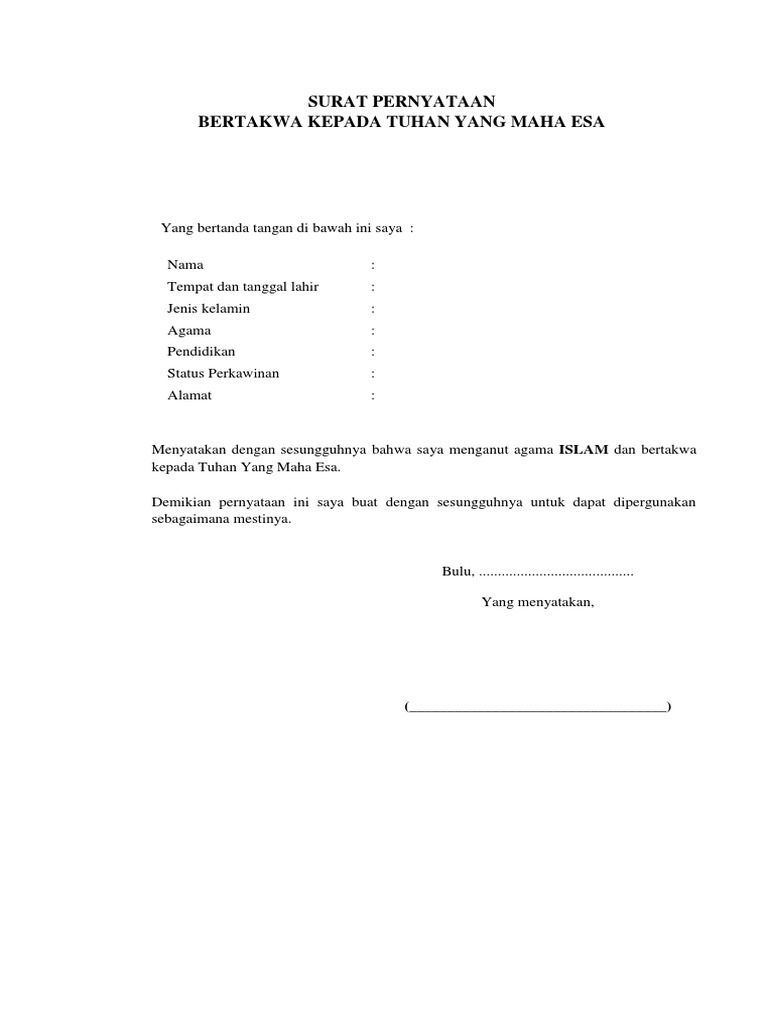 Contoh Surat Pernyataan Bertaqwa Kepada Tuhan Yang Maha ...