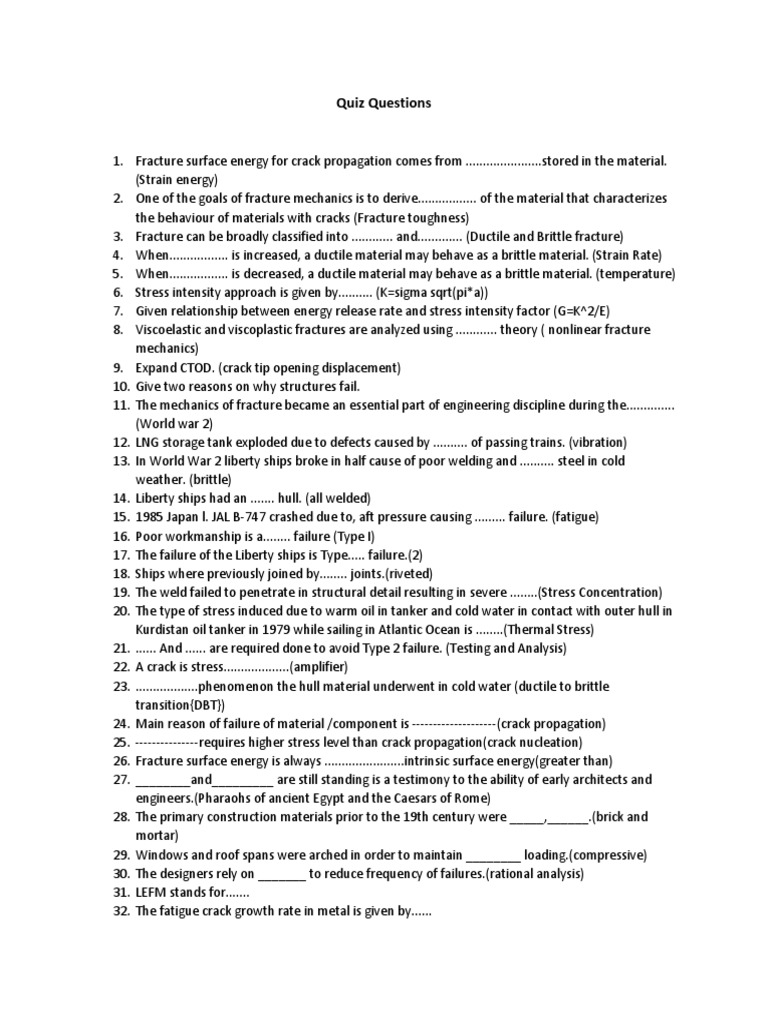 Quiz & Test Questions PDF Fracture Mechanics Viscoelasticity