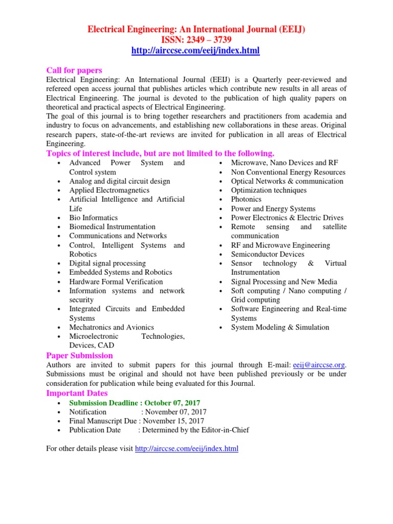 Call for Papers: Electrical Engineering Journal | PDF | Electrical ...