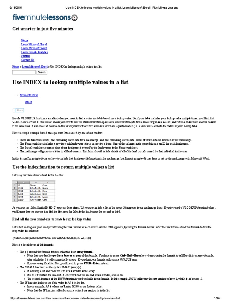 Use index to lookup multiple values in a list pdf database index