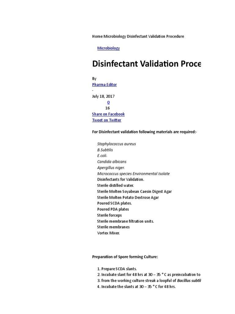 Disinfectant Validation Procedure Microbiology PDF Disinfectant
