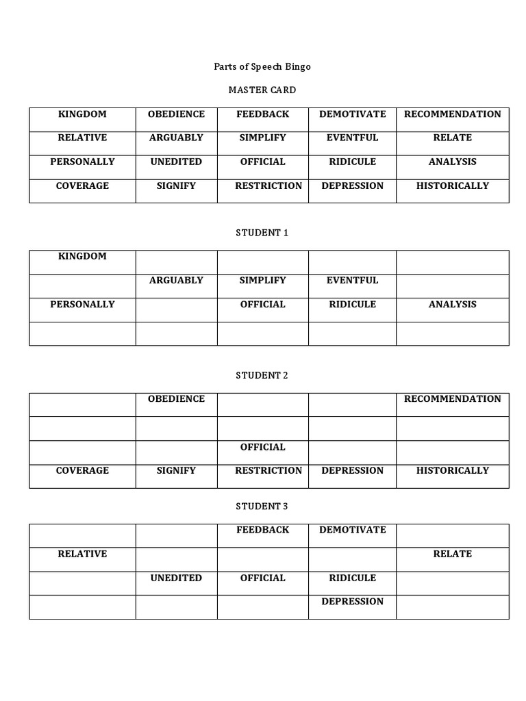 Parts Of Speech Bingo Pdf