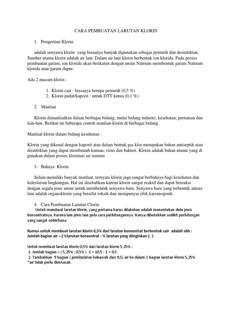 Cara Pembuatan Larutan Klorin Cara Pembuatan Larutan Klorin