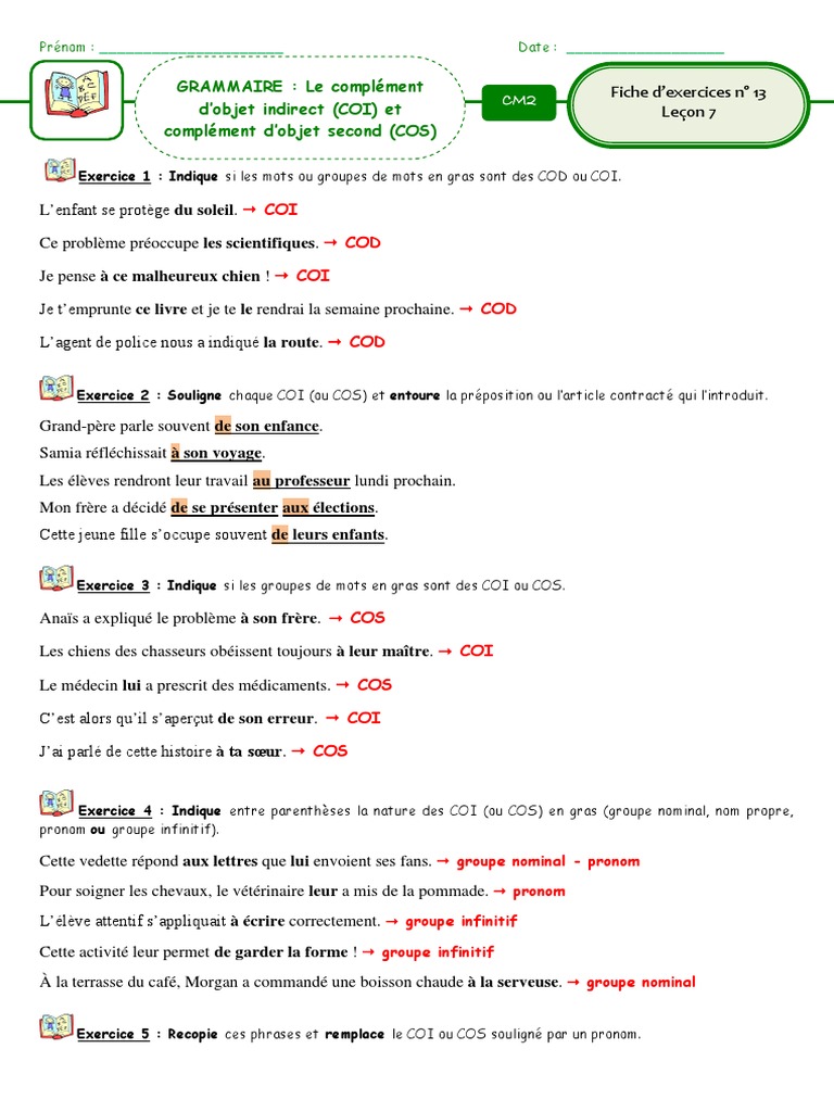 Les Pronoms Personnels Cod Et Coi Exercices Pdf Fiche 13 COI COS Correction | PDF | Pronom | Linguistique