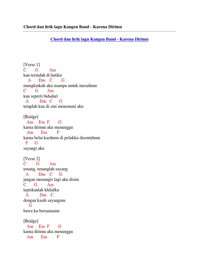 Chord Dan Lirik Lagu Kangen Band Karena Dirimu