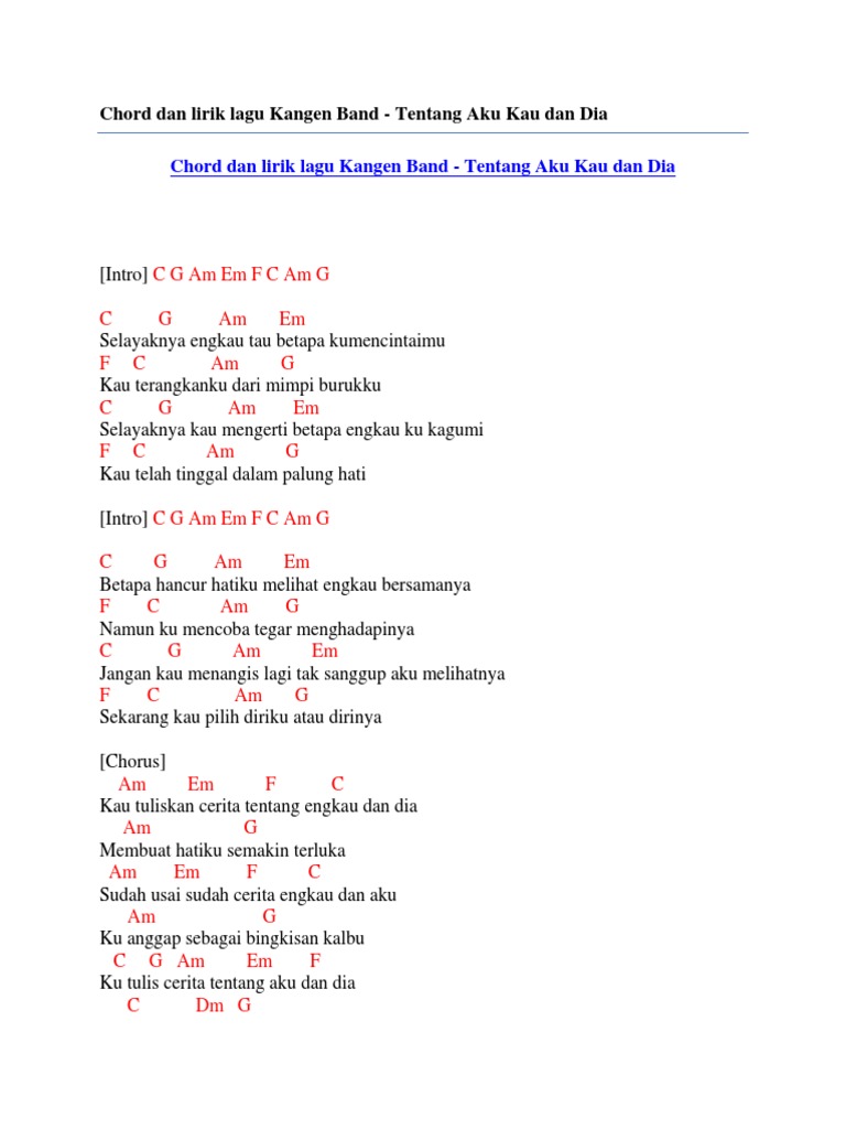 Chord Dan Lirik Lagu Kangen Band Tentang Aku Kau Dan Dia Pdf