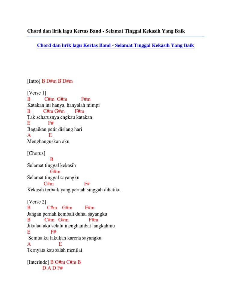 Chord Dan Lirik Lagu Kertas Band - Selamat Tinggal Kekasih Yang Baik | PDF