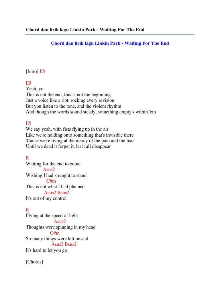 Chord Dan Lirik Lagu Linkin Park Waiting For The End Pdf Recorded Music Leisure