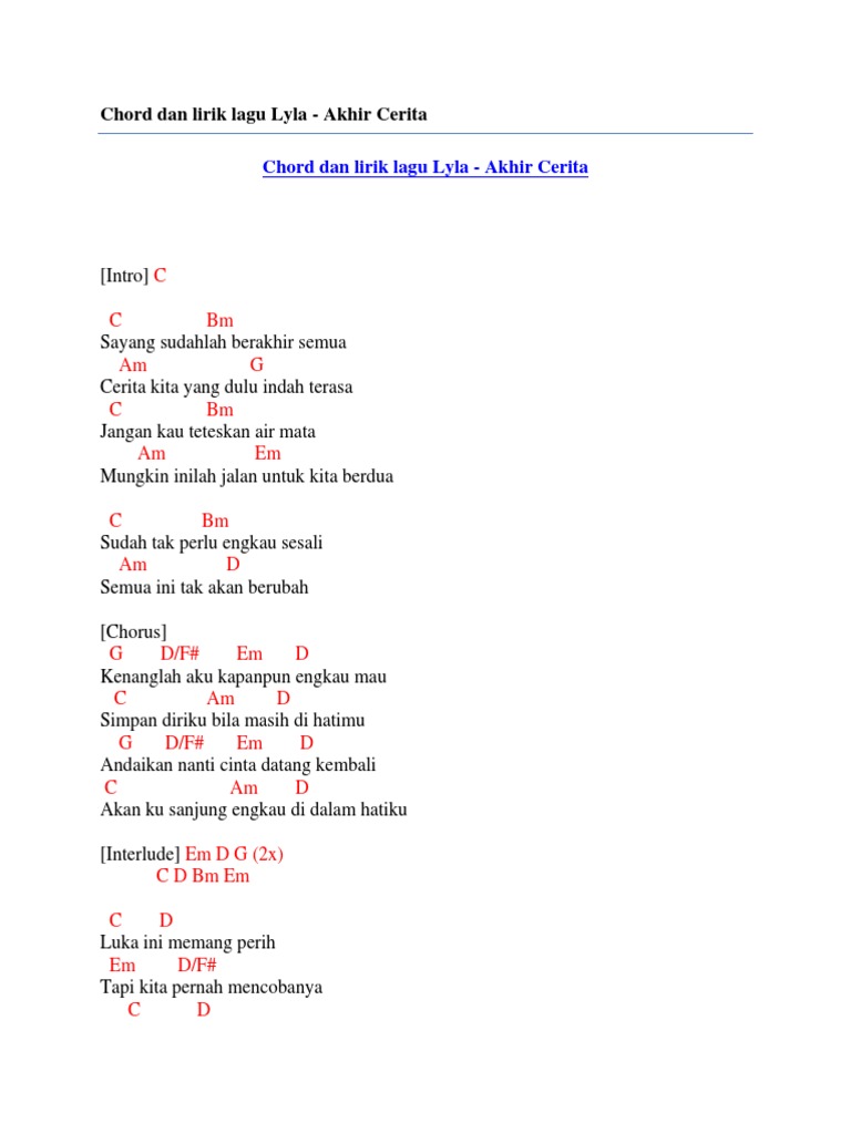 Chord Dan Lirik Lagu Lyla Akhir Cerita