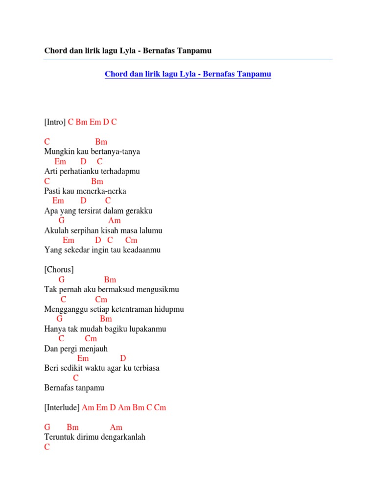Chord Dan Lirik Lagu Lyla Bernafas Tanpamu
