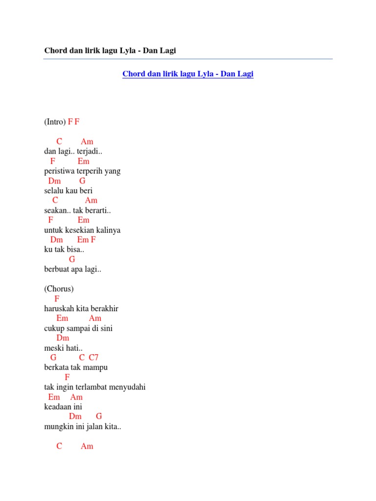 Chord Dan Lirik Lagu Lyla Dan Lagi