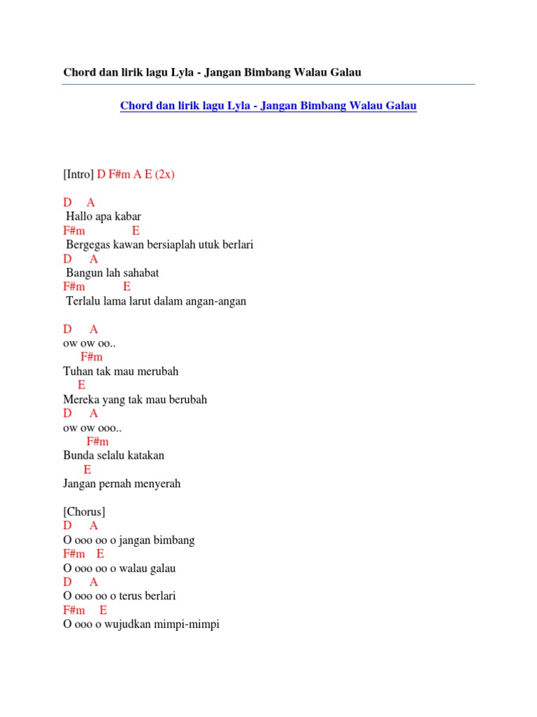 Chord Dan Lirik Lagu Lyla Jangan Bimbang Walau Galau Pdf
