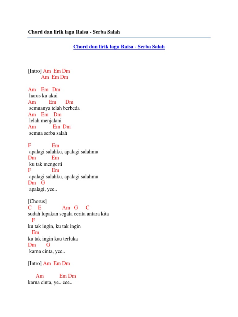 Chord Dan Lirik Lagu Raisa Serba Salah