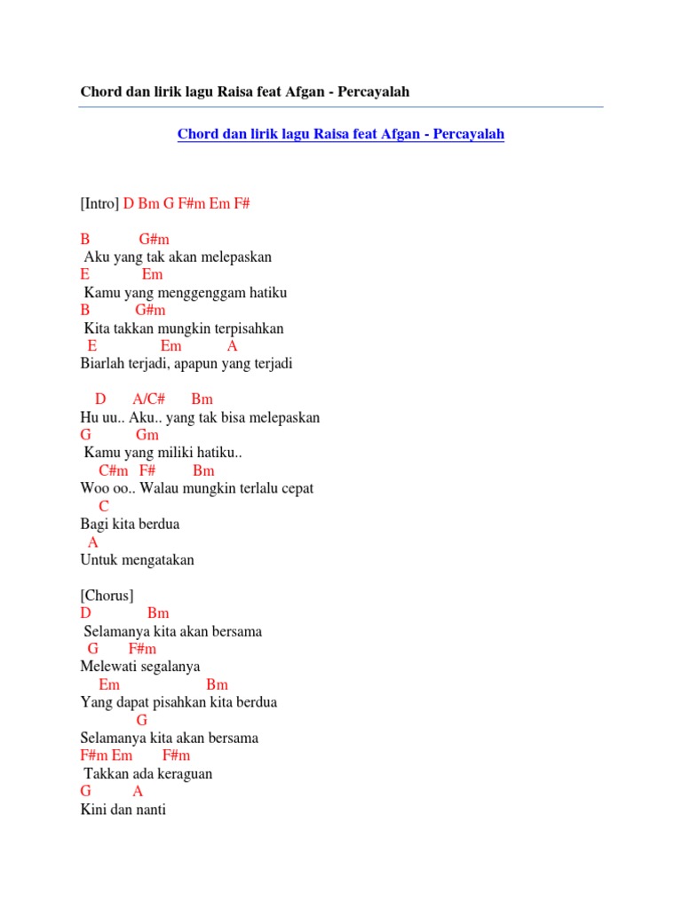 Chord Dan Lirik Lagu Raisa Feat Afgan Percayalah
