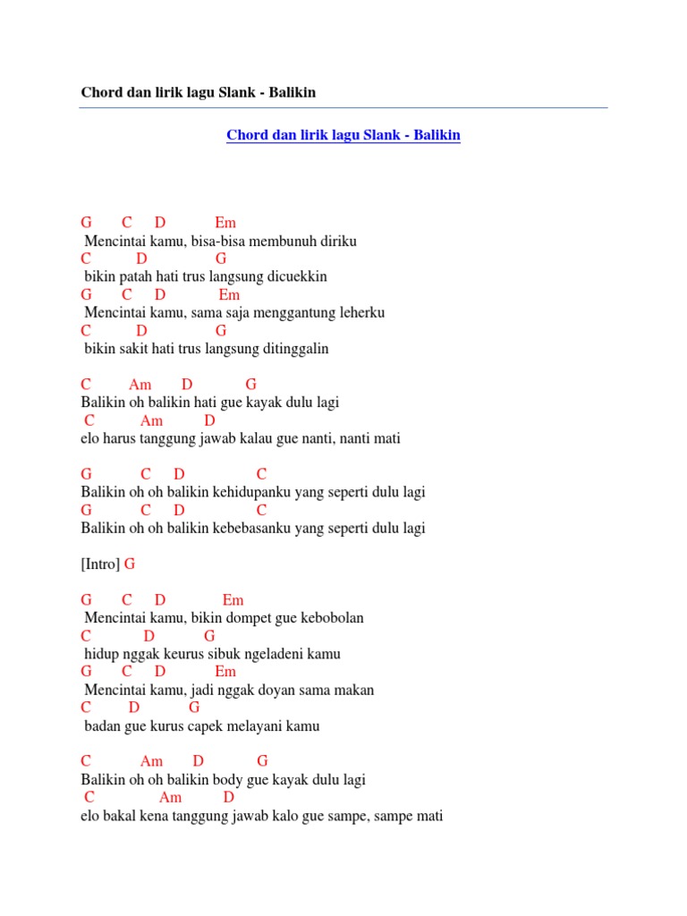 Chord Dan Lirik Lagu Slank Balikin