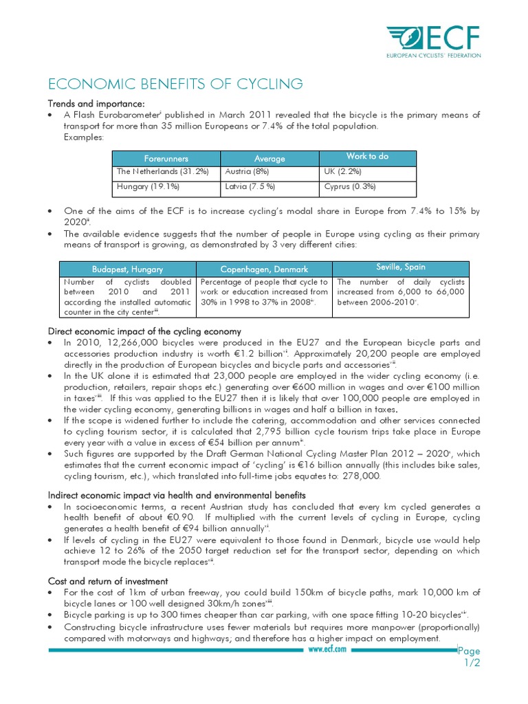 Economic Benefits of Cycling PDF Industries Transport