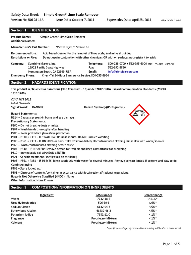 SDS enUS SimpleGreenLimeScaleRemover PDF Toxicity Personal